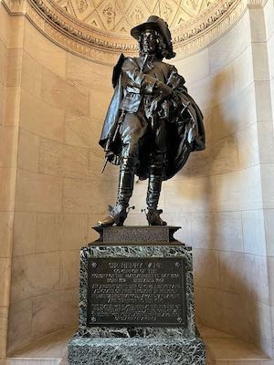 Statue of Sir Henry Vane in the foyer of the Boston Public Library. The caption says Sir Henry Vane
Born 1612 - Beheaded 1662
"An ardent defender of civil liberty and advocate of free thought in religion. He maintained that God, Law, and Parliament are superior to the King." (leading with vulnerability can get you beheaded)