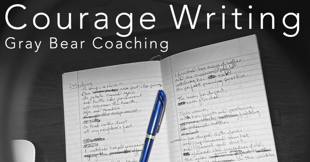 Courage Writing workshop logo with journal and blue pen