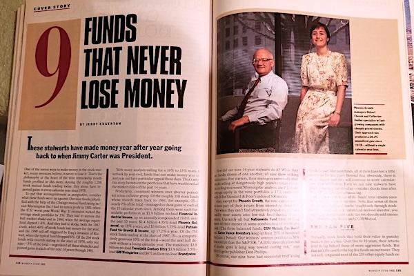 Spread in Money Magazine from 1992, with a featured photo of Peter's sister and her colleague, beside an article about rising star money managers.