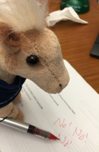 Stuffed pony with a red pen editing a document