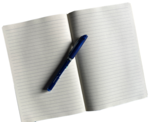 You can write your book in this blank lined journal opened up to a blank spread, with a blue pen lying atop it.