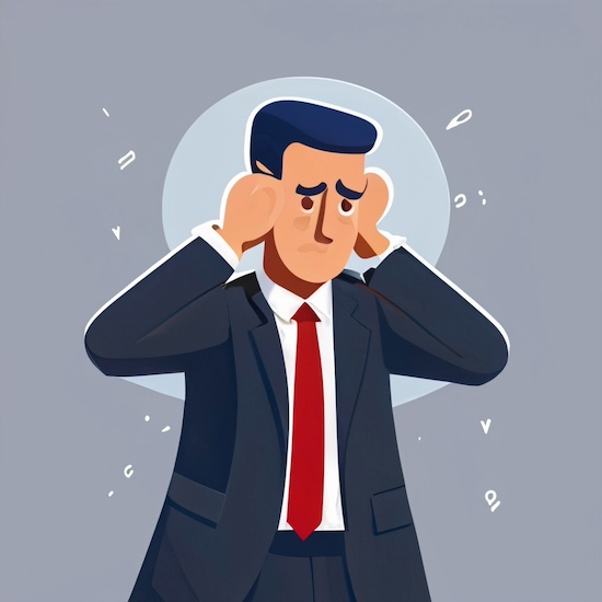 An anxious man in a business suit holds his hands to his head, one representation of nostalgia and regret