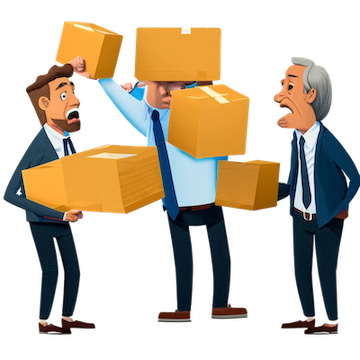 illustration of one man who has trouble saying no carrying many packages while being given more packages by two other men