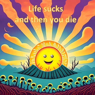 a crazy sun smiling over a surreal landscape with the words "life sucks and then you die"