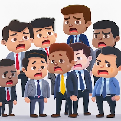 An AI generated cartoon of a bunch of businessmen arguing with each other, all caught in a nuance loop.