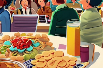 piles of snacks on a table at a business conference
