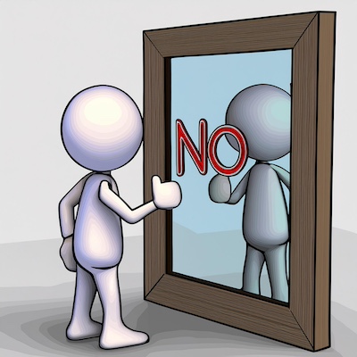 A stick figure stands in front of a mirror saying no to themself