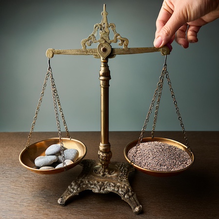 apothecary's scales with piles of stones on each side as a metaphor for building a culture of trust or building a culture of distrust