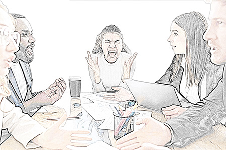 a colored pencil line drawing of a business meeting in which the team fails to agree on the problem