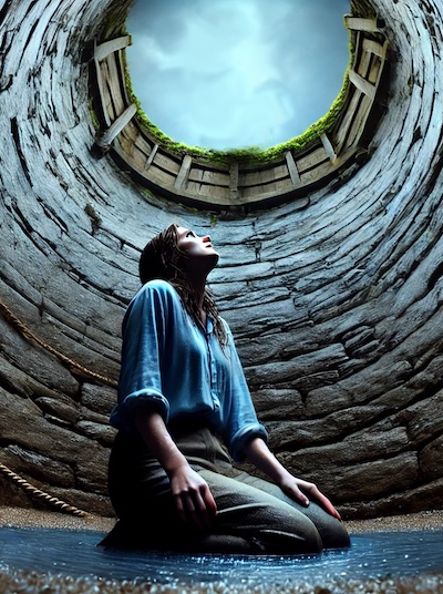 a woman kneels at the bottom of a deep well, looking up, waiting for her future self to drop her a lifeline to the future