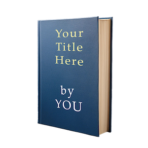 A blue hardcover book with "Your title here" and "By You" on the cover, encouraging you to write your book