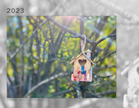 The 2023 calendar cover. A hand-painted birdhouse hangs in a tree