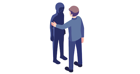 A shadow figure is being comforted by an illustrated figure, representing the new identity leaving the old identity behind.