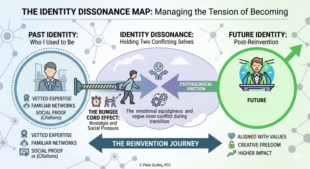 Diagram illustrating Identity Dissonance and the Bungee Cord Effect during personal reinvention, created by Peter Dudley, PCC.