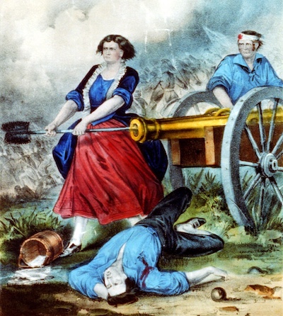 Molly Pitcher in a painting. Molly is tamping a cannon over her spilled jug of water and a fallen militiaman.